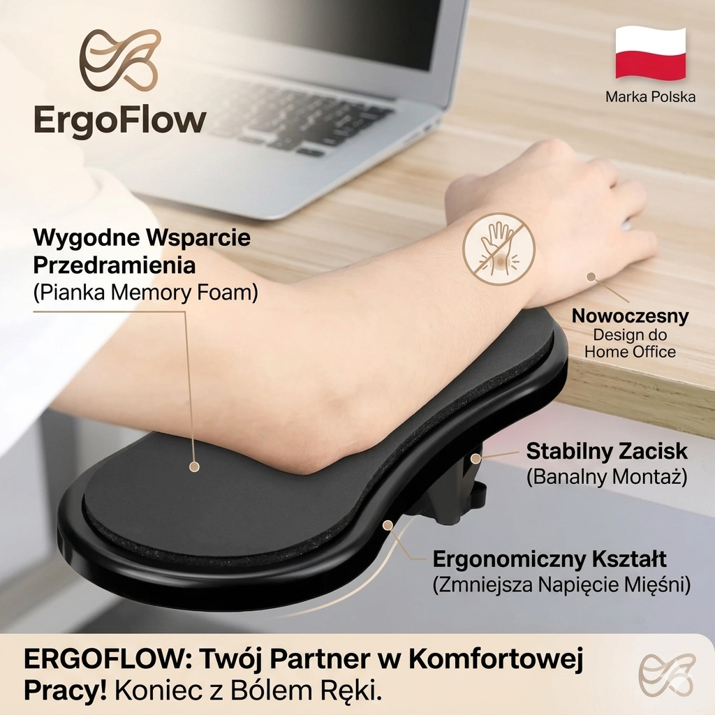 ErgoFlow – Ergonomiczny Podłokietnik do Biurka | Ulga w Bólu Ramienia, Szyi i Pleców