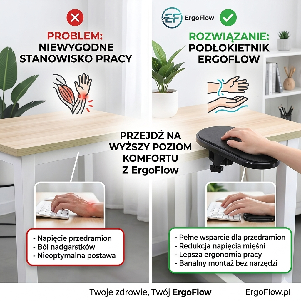 ErgoFlow – Ergonomiczny Podłokietnik do Biurka | Ulga w Bólu Ramienia, Szyi i Pleców